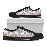 Indian Flower Elephant Pattern Print Black Low Top Shoes