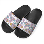 Indian Flower Elephant Pattern Print Black Slide Sandals