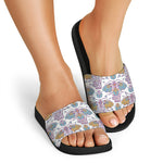 Indian Flower Elephant Pattern Print Black Slide Sandals