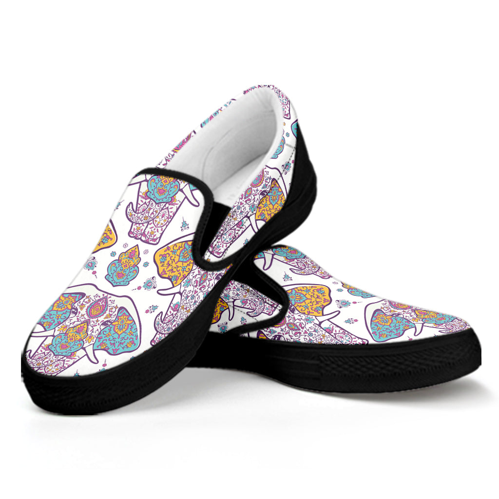 Indian Flower Elephant Pattern Print Black Slip On Shoes