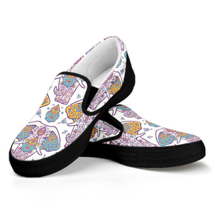 Indian Flower Elephant Pattern Print Black Slip On Shoes