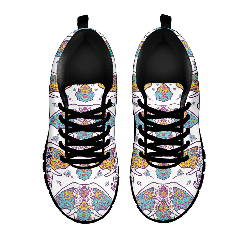 Indian Flower Elephant Pattern Print Black Sneakers