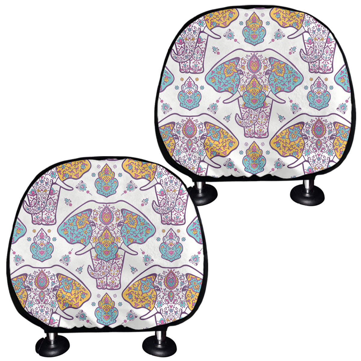 Indian Flower Elephant Pattern Print Car Headrest Covers