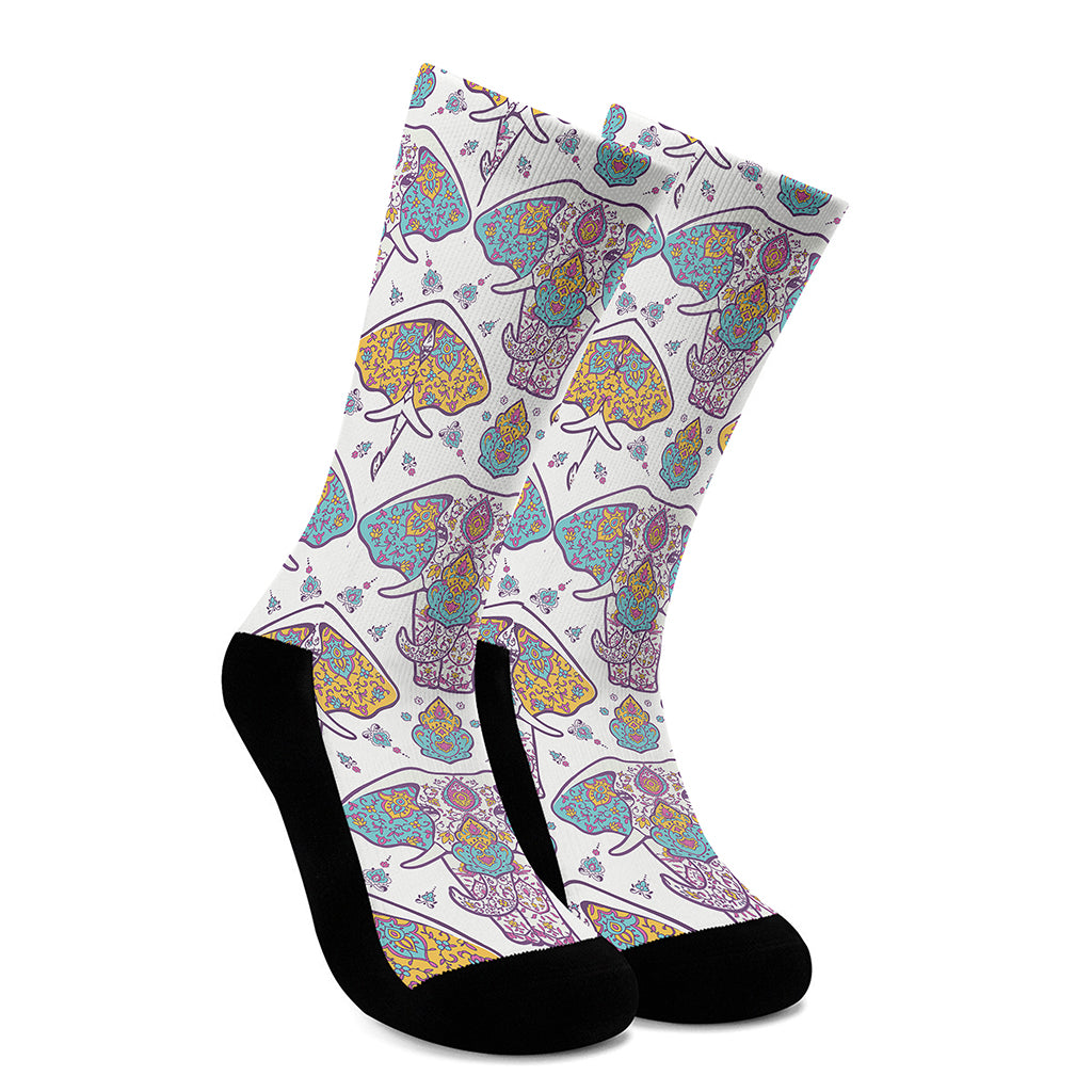 Indian Flower Elephant Pattern Print Crew Socks