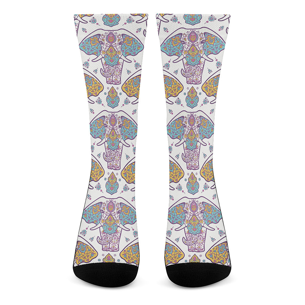 Indian Flower Elephant Pattern Print Crew Socks