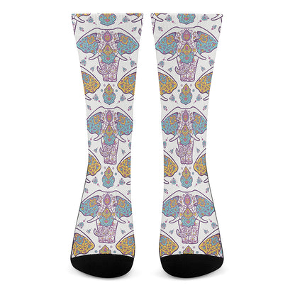 Indian Flower Elephant Pattern Print Crew Socks