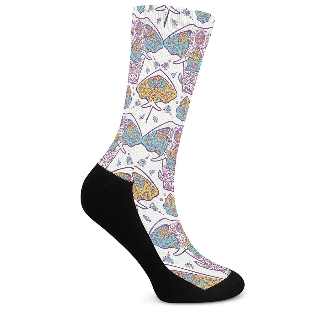 Indian Flower Elephant Pattern Print Crew Socks