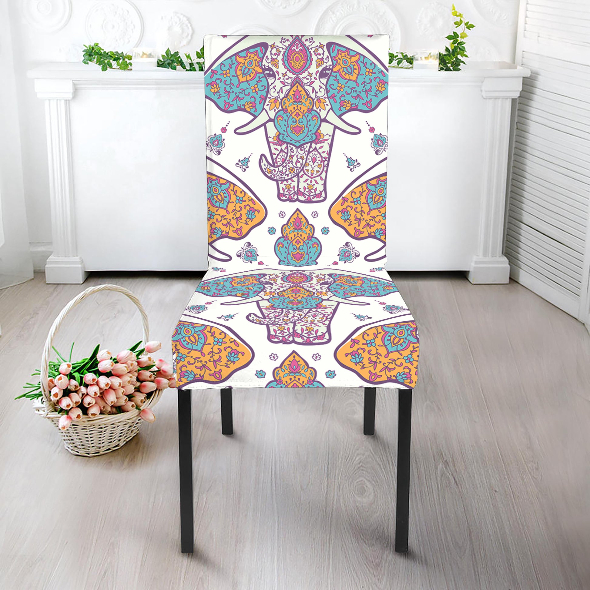 Indian Flower Elephant Pattern Print Dining Chair Slipcover