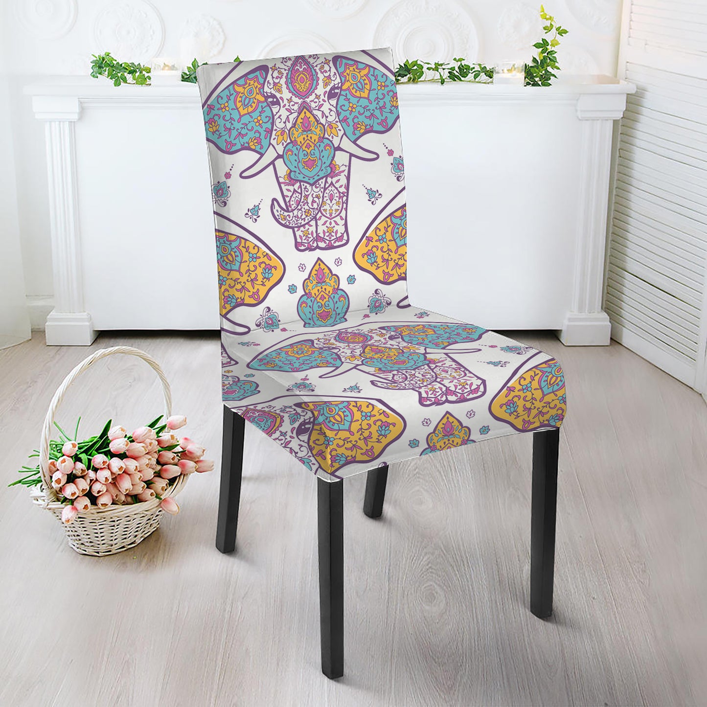 Indian Flower Elephant Pattern Print Dining Chair Slipcover