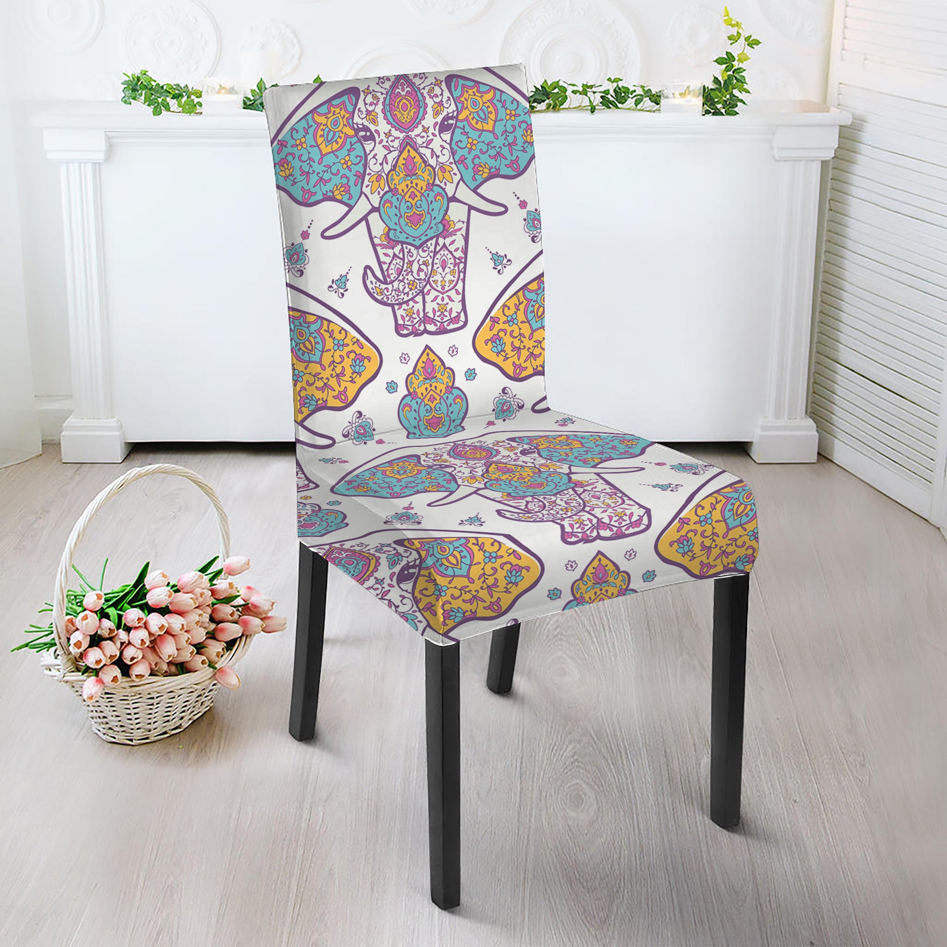 Indian Flower Elephant Pattern Print Dining Chair Slipcover