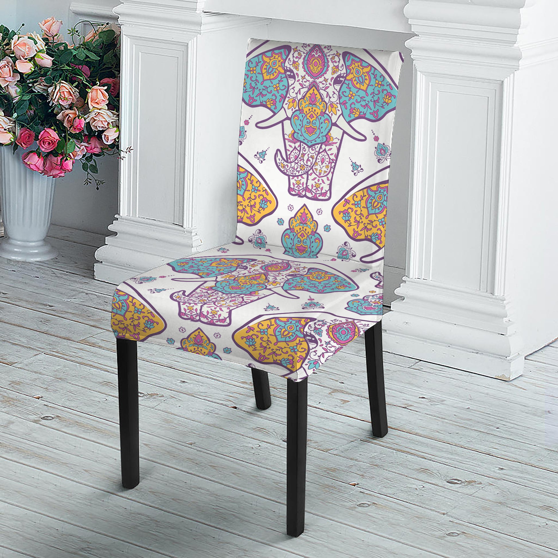 Indian Flower Elephant Pattern Print Dining Chair Slipcover