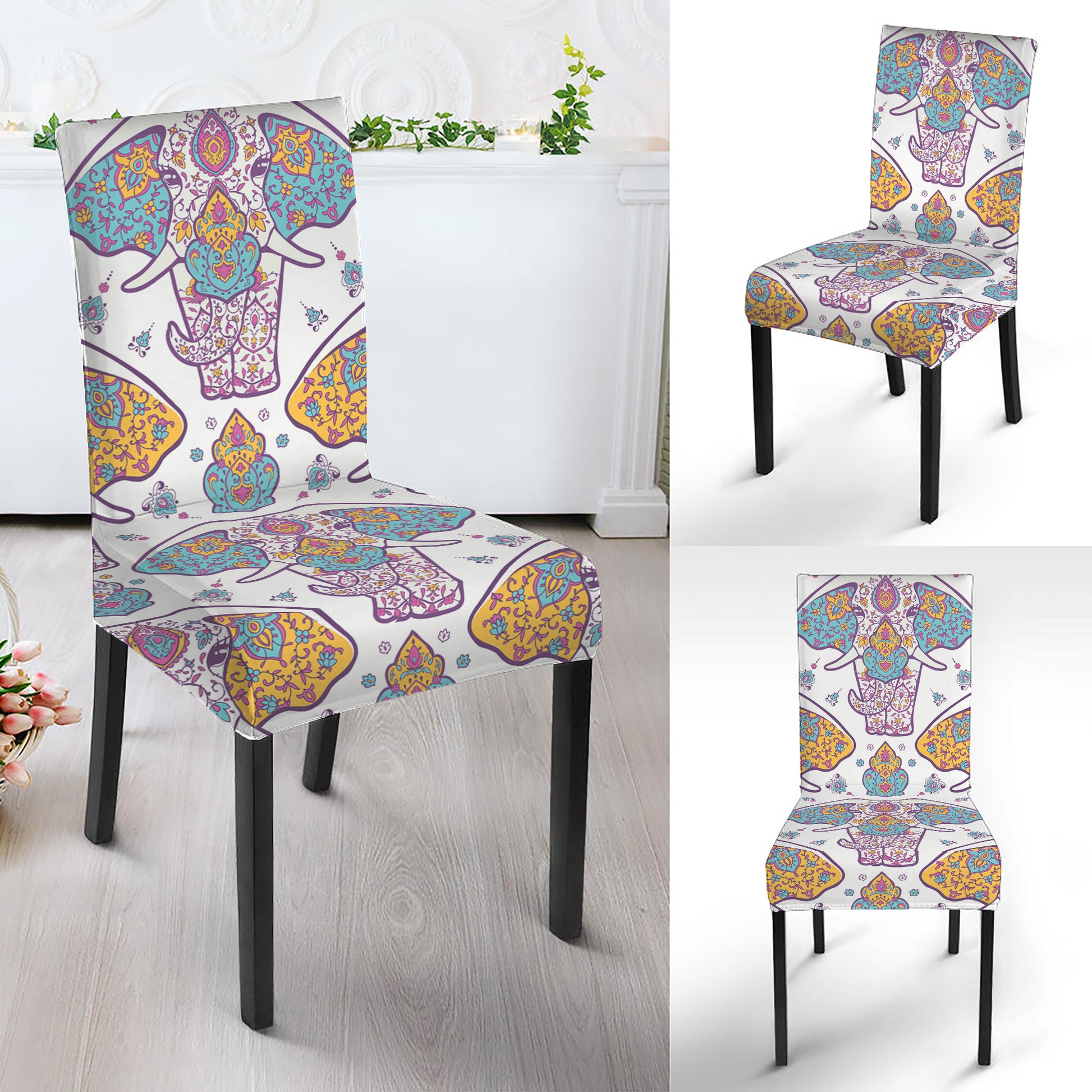Indian Flower Elephant Pattern Print Dining Chair Slipcover