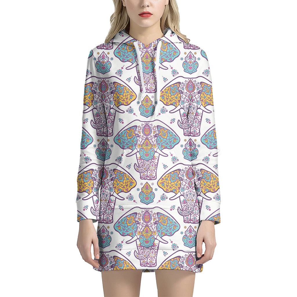 Indian Flower Elephant Pattern Print Hoodie Dress