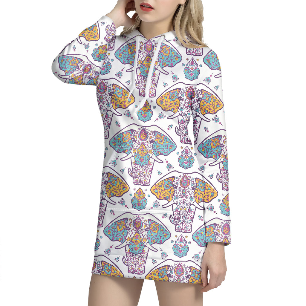 Indian Flower Elephant Pattern Print Hoodie Dress