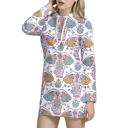 Indian Flower Elephant Pattern Print Hoodie Dress