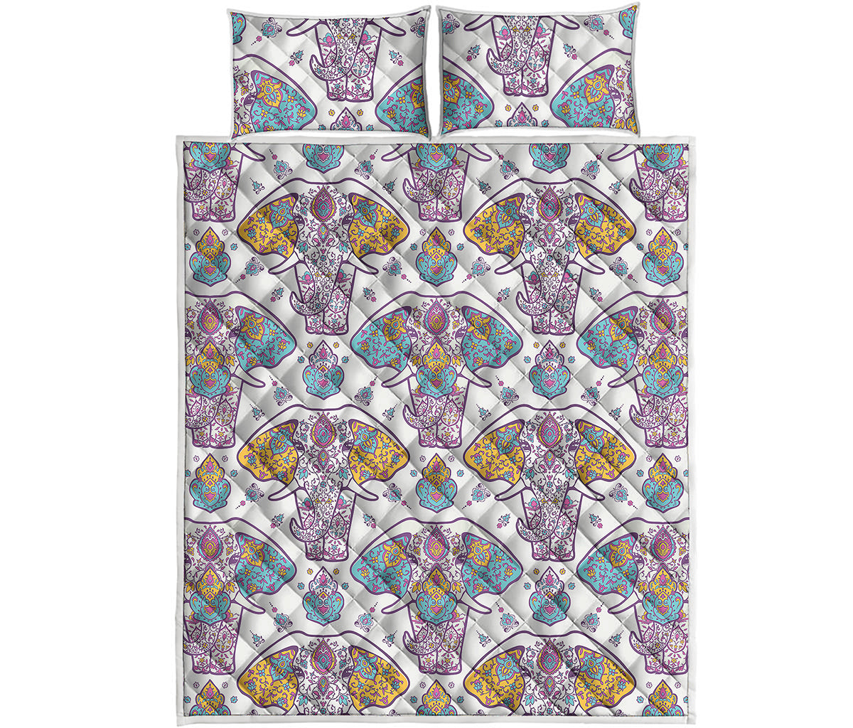 Indian Flower Elephant Pattern Print Quilt Bed Set