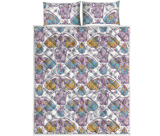 Indian Flower Elephant Pattern Print Quilt Bed Set