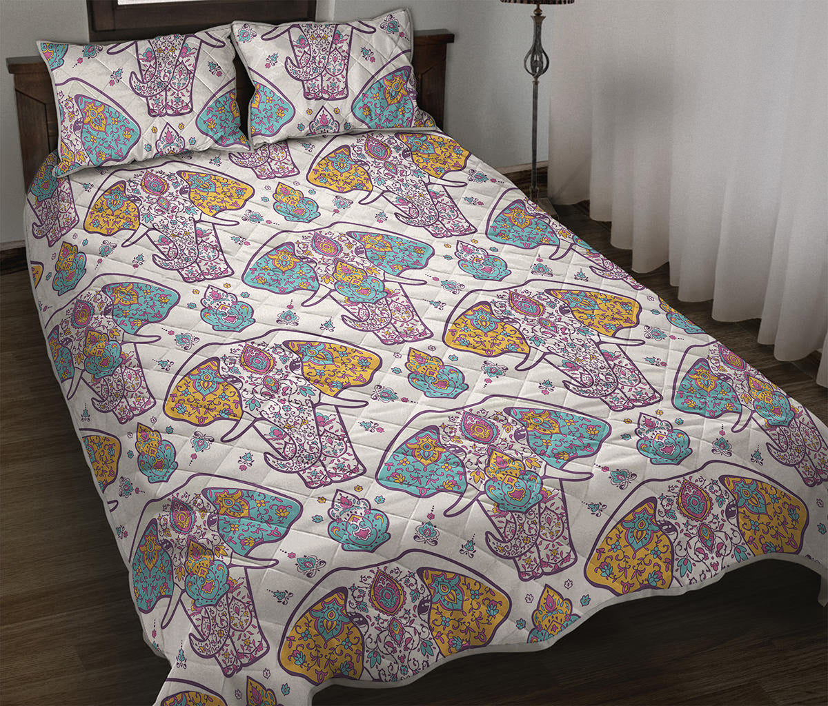 Indian Flower Elephant Pattern Print Quilt Bed Set