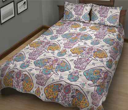 Indian Flower Elephant Pattern Print Quilt Bed Set
