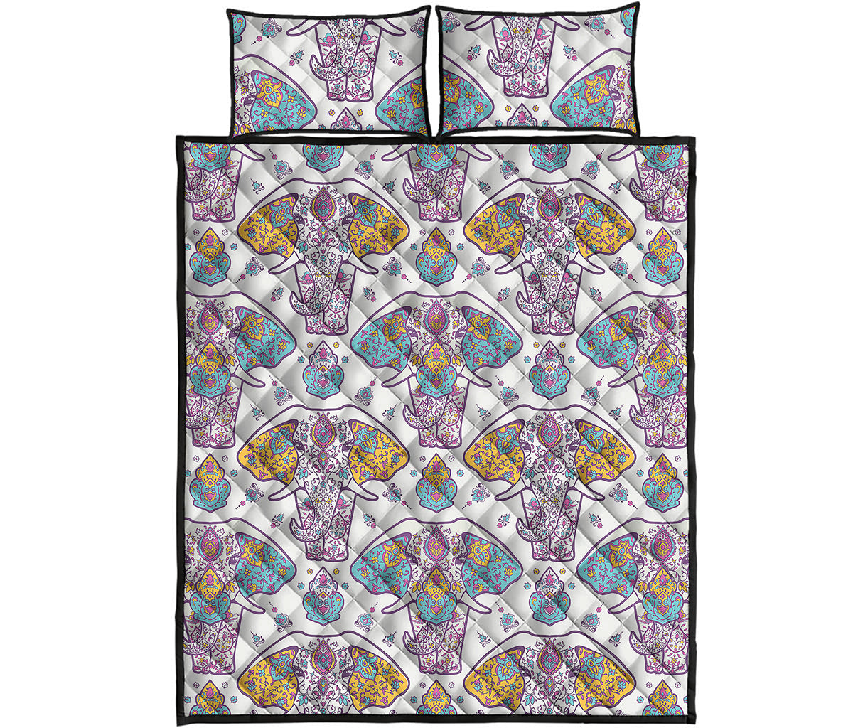 Indian Flower Elephant Pattern Print Quilt Bed Set