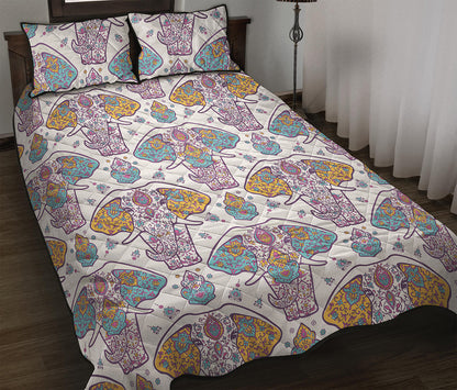 Indian Flower Elephant Pattern Print Quilt Bed Set