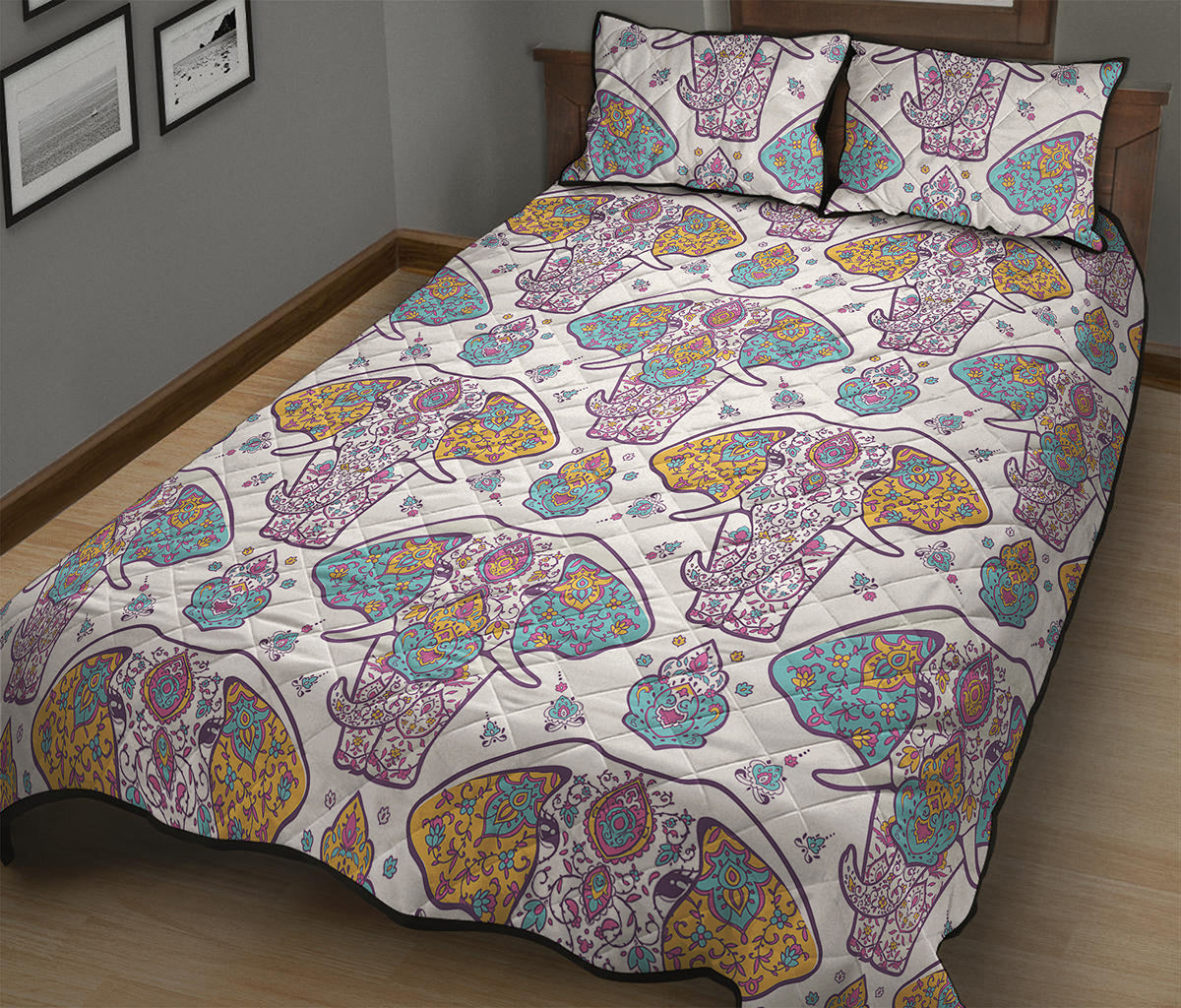 Indian Flower Elephant Pattern Print Quilt Bed Set