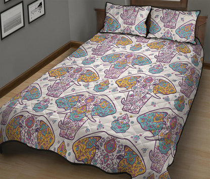 Indian Flower Elephant Pattern Print Quilt Bed Set