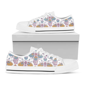 Indian Flower Elephant Pattern Print White Low Top Shoes