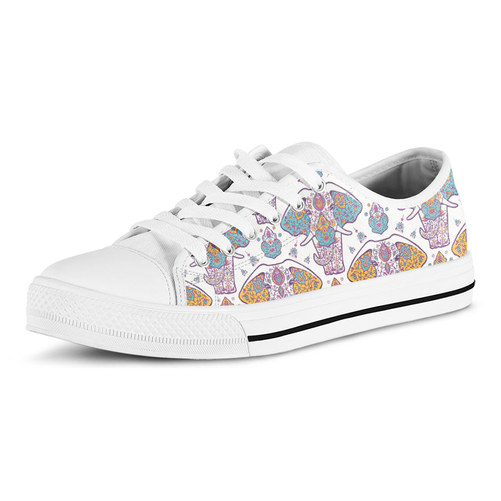 Indian Flower Elephant Pattern Print White Low Top Shoes