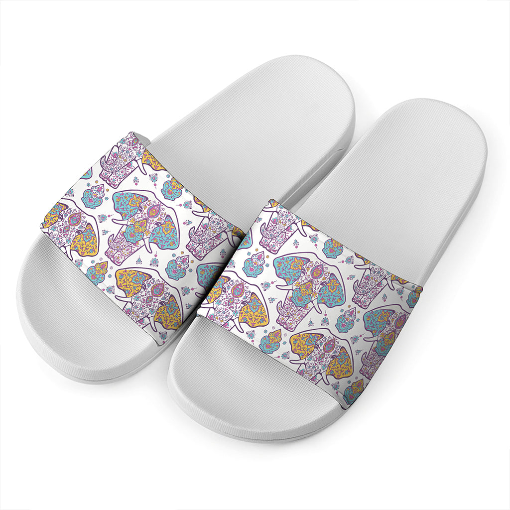 Indian Flower Elephant Pattern Print White Slide Sandals