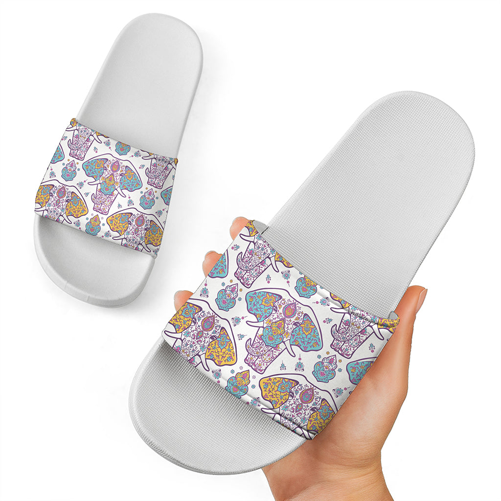 Indian Flower Elephant Pattern Print White Slide Sandals
