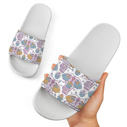 Indian Flower Elephant Pattern Print White Slide Sandals