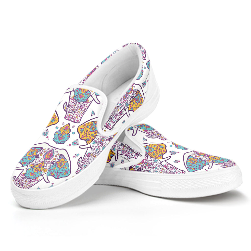 Indian Flower Elephant Pattern Print White Slip On Shoes