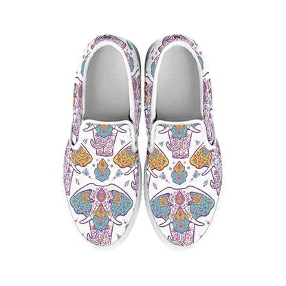 Indian Flower Elephant Pattern Print White Slip On Shoes