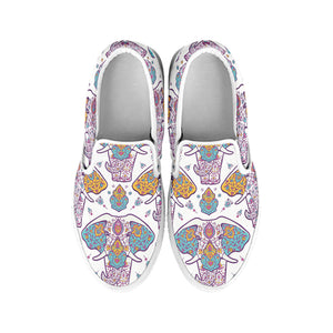 Indian Flower Elephant Pattern Print White Slip On Shoes