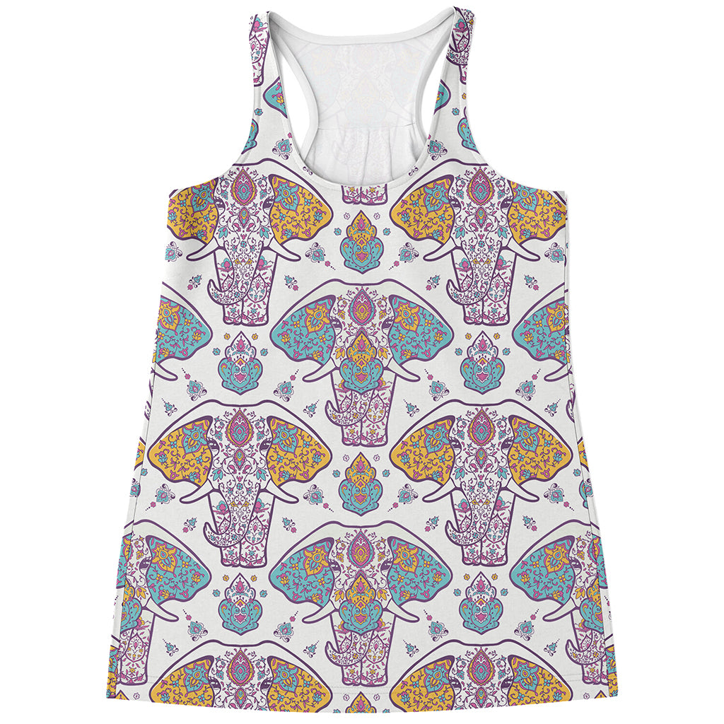 Indian Flower Elephant Pattern Print Women's Racerback Tank Top