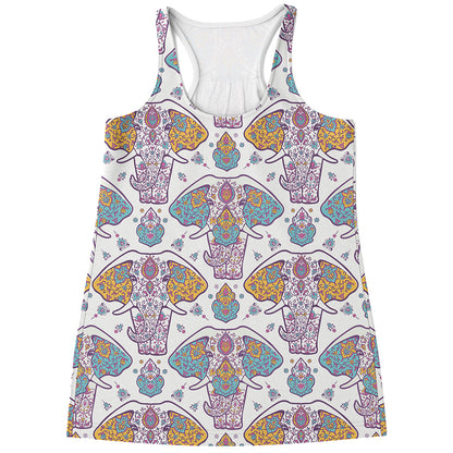 Indian Flower Elephant Pattern Print Women's Racerback Tank Top