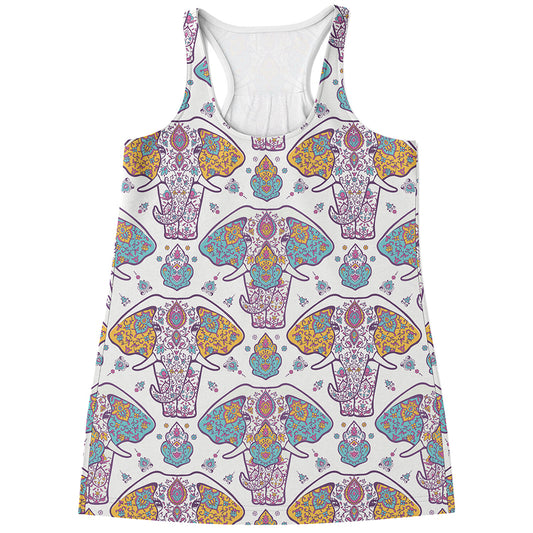 Indian Flower Elephant Pattern Print Women's Racerback Tank Top