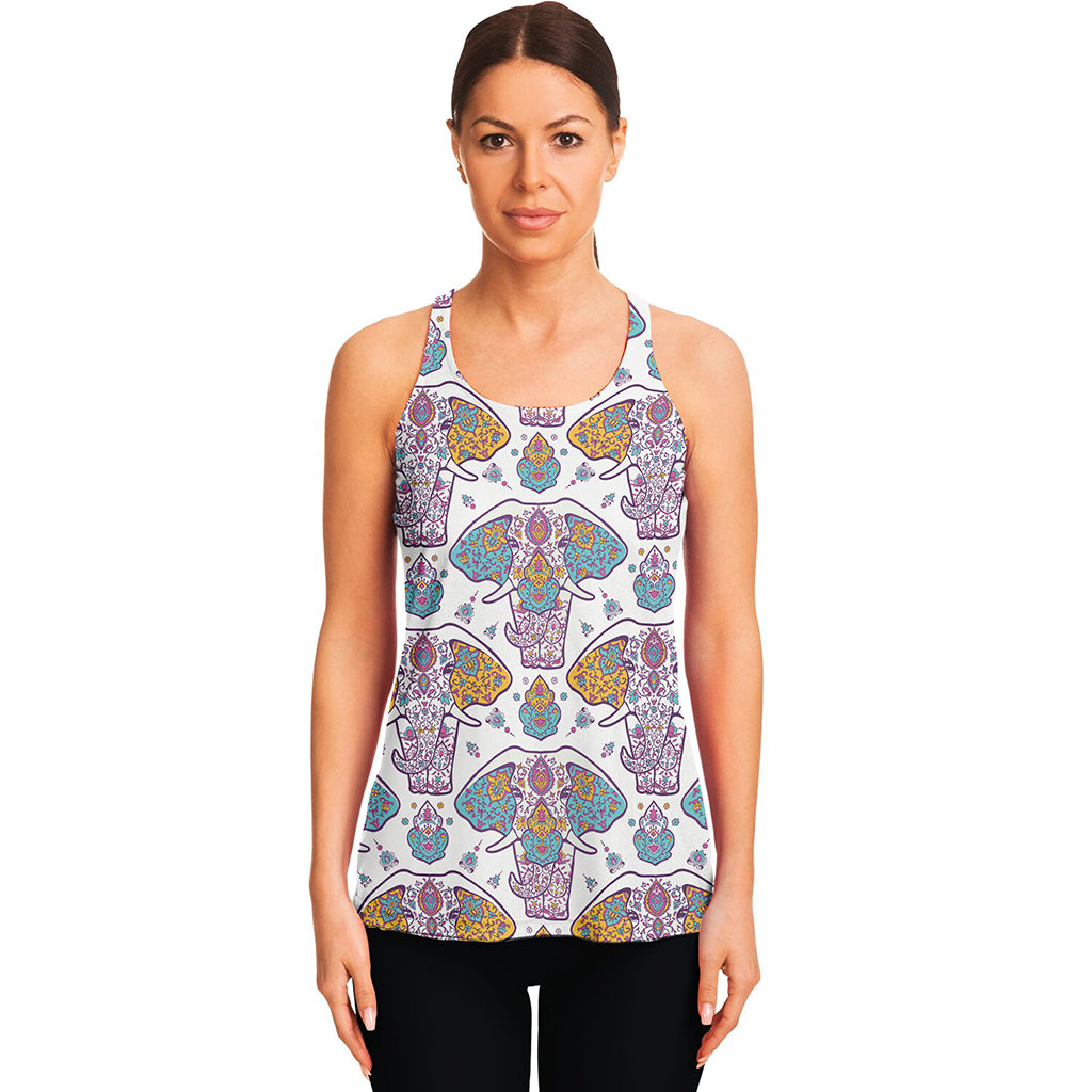 Indian Flower Elephant Pattern Print Women's Racerback Tank Top