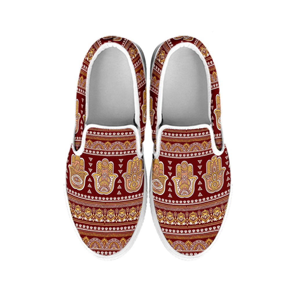 Indian Hamsa Hand Print White Slip On Shoes