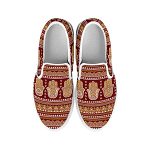 Indian Hamsa Hand Print White Slip On Shoes