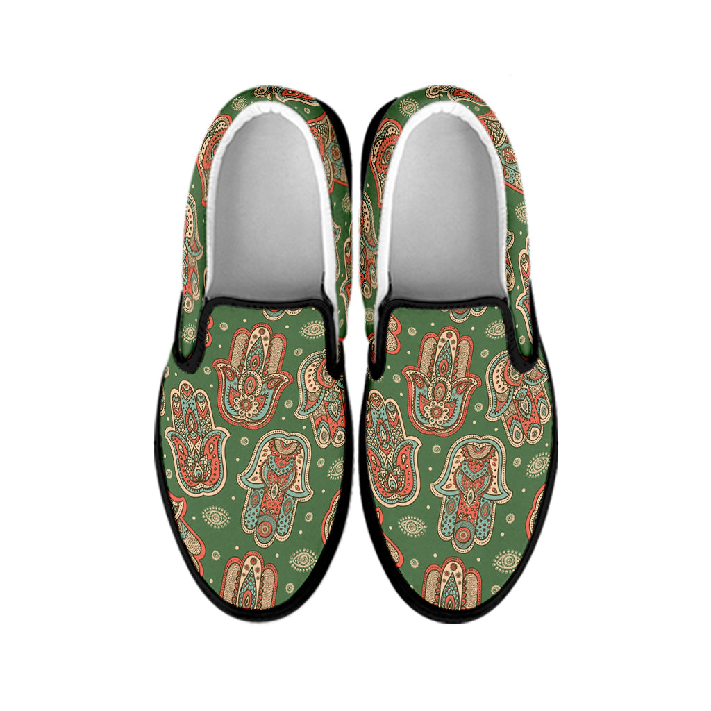 Indian Hamsa Pattern Print Black Slip On Shoes