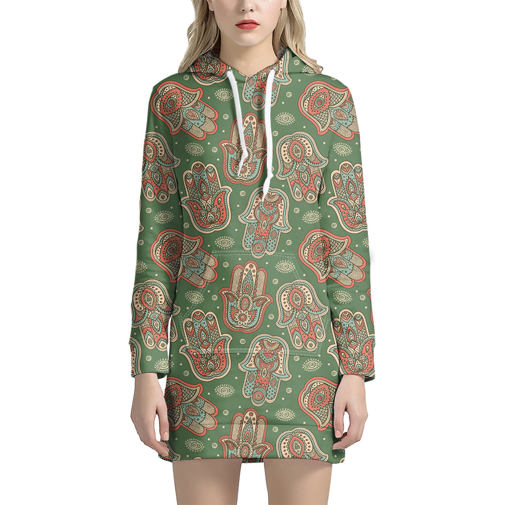 Indian Hamsa Pattern Print Hoodie Dress