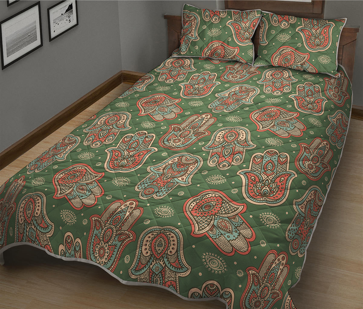 Indian Hamsa Pattern Print Quilt Bed Set