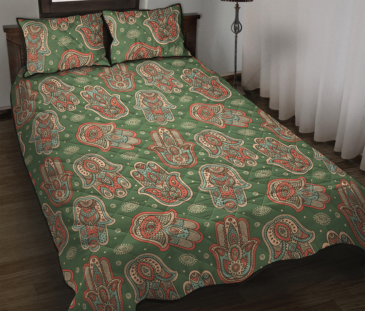 Indian Hamsa Pattern Print Quilt Bed Set