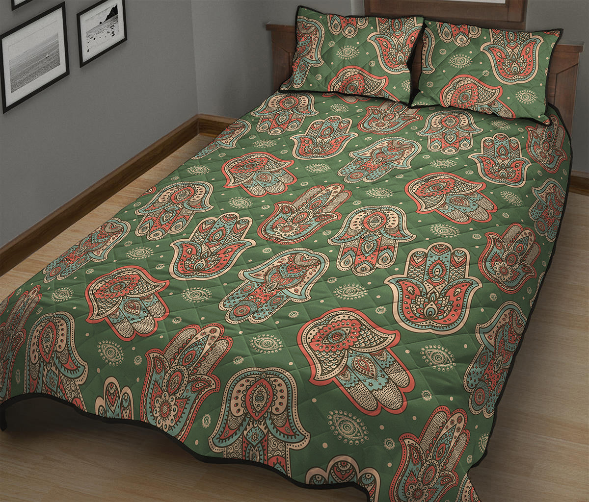 Indian Hamsa Pattern Print Quilt Bed Set