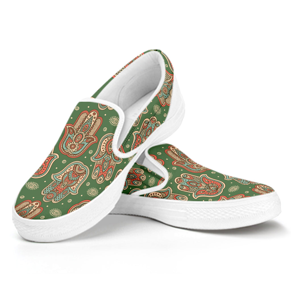 Indian Hamsa Pattern Print White Slip On Shoes