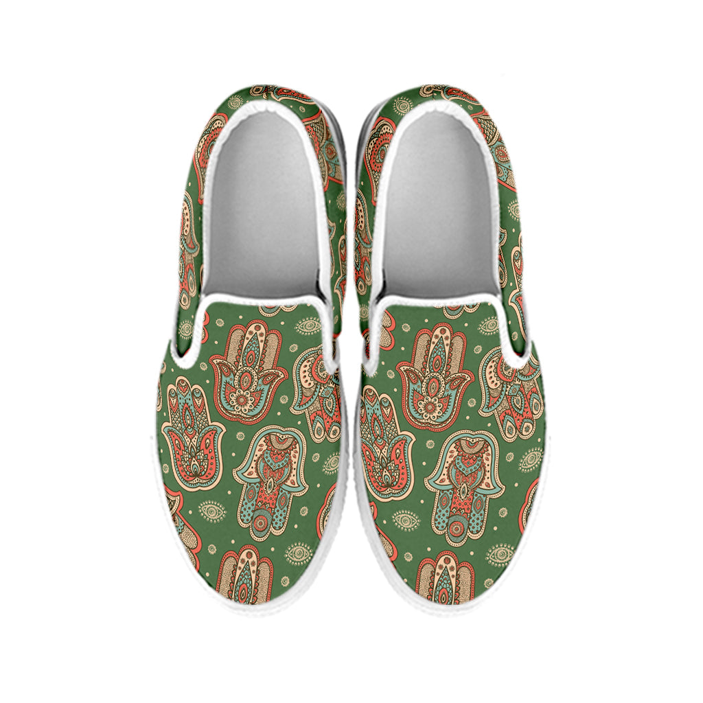 Indian Hamsa Pattern Print White Slip On Shoes