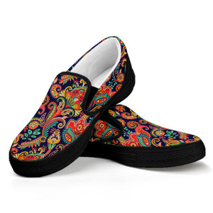 Indian Paisley Pattern Print Black Slip On Shoes