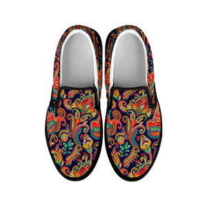 Indian Paisley Pattern Print Black Slip On Shoes